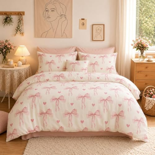 Lanqinglv Mädchen Bettwäsche 135x200 cm Rosa Weiß Schleifen Wendebettwäsche | ÖKO-TEX Zertifiziert,für Allergiker,4 Jahreszeiten Set,Aesthetic Bettbezug 1 Kissenbezüge 80x80 mit Reißverschluss