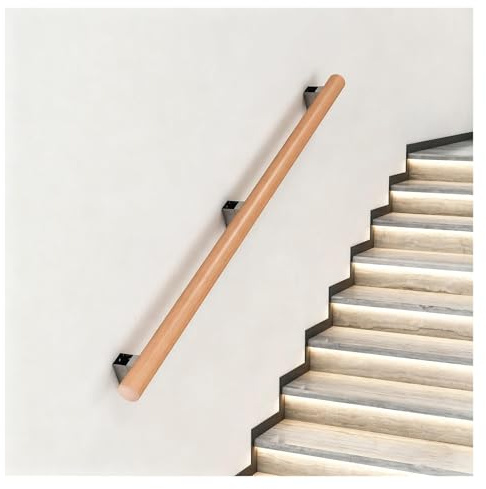 Pasamanos De Escalera De Madera Haya, Barra De Soporte Redonda Antideslizante Para Barandillas Escalera, Apoyabrazos Ajustables A 90° Con Soporte De Acero Inoxidable(100cm)