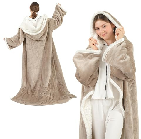 COZYTY Electric Snuggle Throw Blankets with Foot Pocket, Wearable Heated Throw with Sleeves & Hood, 6 Heat Levels & 1-4H Timer, Full Body Warmth, The Perfect Warming Gift for Women & Men, Camel