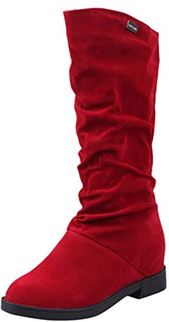 Generisch Bottes mollets larges pour femme, tige XL avec talon, couleur unie, antidérapantes, douces, chaudes, pour femme, talons hauts, bottes à enfiler, rouge, 37 EU
