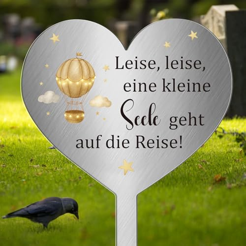 Photect Grabschmuck Wetterfest Sternenkind Grabstecker Metall Herz mit Spruch Leise,leise,eine Kleine Seele Geht auf Reise Grabdekoration Grab Sternenkind zum Erinnerung