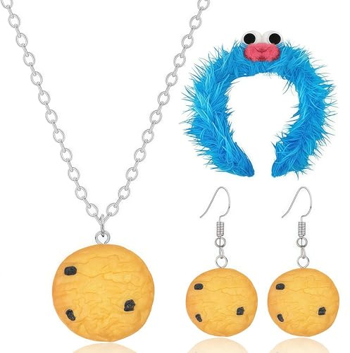 CARxlythic Krümelmonster Haarreif, Cookie Krümelmonster Haarreif mit Augen, Cookie Halskette, Cookie Ohrringe, Krümelmonster Accessoires für Damen Karneval, Fasching Halloween Kostüm