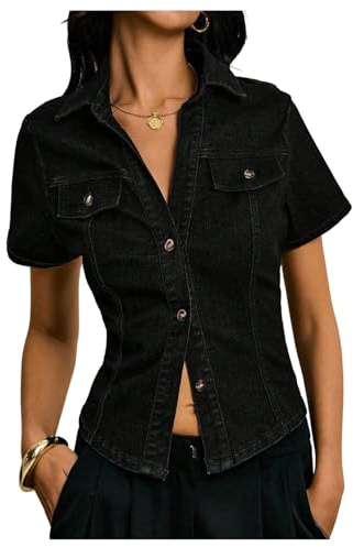 OYOANGLE Women's Button Down Denim Blouse Short Sleeve Collared Fitted Jean Jacket Y2K Going Out Top Black XL