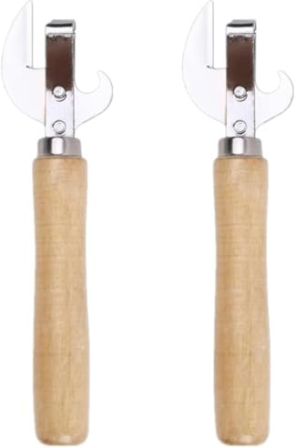 Juego de 2 abrelatas manual vintage, mango de madera, corte lateral de acero inoxidable, multifuncional (para latas, botellas, corchos, hogar, restaurante, campamento)