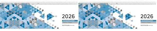 Zettler Tischquerkalender 1W/2S Blau 2026 – Bürokalender 30x10 cm, Wochenkalender mit 1 Woche auf 2 Seiten, 3-sprachigem Kalendarium, Spiralbindung & Stundeneinteilung 7–19 Uhr (Packung mit 2)