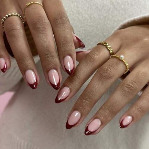 LuminaVerde Press On Nails, 24 pezzi, unghie finte corte da incollare, stile french, forma a mandorla