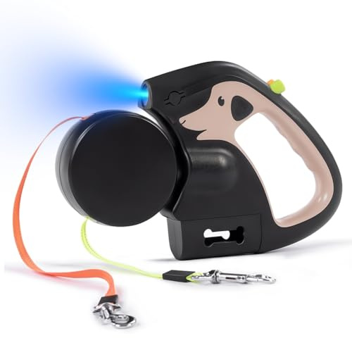 CEWROM Doppelleine für 2 Hunde, 3 m Ausziehbare Anti-Verwickel-Hundeleine mit 360° Drehung, Integrierter Taschenlampe & Kotbeutelhalter, Schnellbremsknopf Für Kleine Und Mittelgroße Hunde