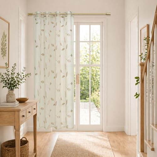 DALINA Visillos Cortina Transparente Ligera con Ojetillos para Ventanas, Puertas y Cocina, Estampada con Ramas y Hojas, Beige, 140An x 220Al cm, 1 Paneles