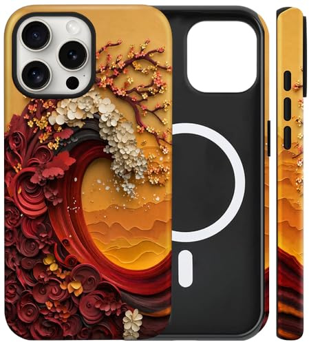 flewfun Custodia magnetica per iPhone 16 Pro, custodia per telefono giapponese con onde floreali, fiori di melo marino, antiurto, sottile, in TPU e policarbonato rigido, compatibile con MagSafe regalo