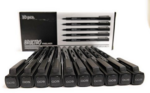 BRUSTRO - Lote de 10 bolígrafos finos profesionales a base de pigmentos, color negro, tamaño de la punta - 0,05 mm | Tinta de archivo impermeable resistente a los rayos UV, agarre cómodo, ideal para