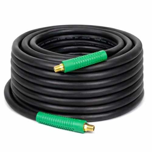 DYNAMIC POWER Premium Black Rubber Air Hose 3/8 x 50 ft 300 PSI Assembly with 1/4 Male Pipe Thread Fittings & Bend Restictors.