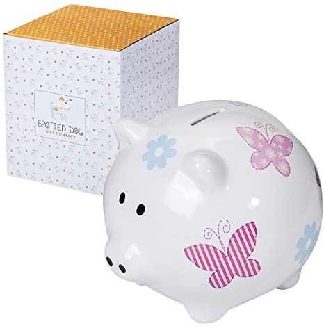 SPOTTED DOG GIFT COMPANY Sparschwein aus Keramik, Groß Spardose Kinder mit Schweinmotiv für Mädchen Erwachsene, Niedliche Sparbüchse, Geschenke für Tierliebhaber, Schmetterlinge