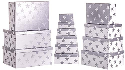 Brandsseller Geschenkbox Aufbewahrungsbox Kartenkarton mit Deckel - stabiler Karton - 13er Set in absteigender Größe - Sterne/Silber