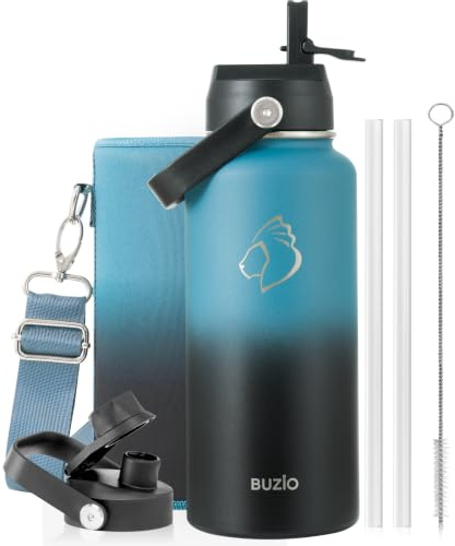 BUZIO 1L Edelstahl Trinkflasche isoliert mit Strohhalm & Ausgussdeckel | Metall-Wasserflasche hält 48h kalt & 24h heiß mit Riemen, auslaufsichere Trinkflaschen, BPA-frei, für Fitnessstudio, Reisen