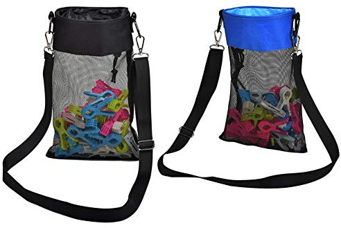 XQBAG Mesh Clothespin Bag, Large-Capacity Clothespin Storage Organizer with Hooks, Multi-Purposes Storage Mesh Bag Drawstring Closure Bag (Black+Blue)