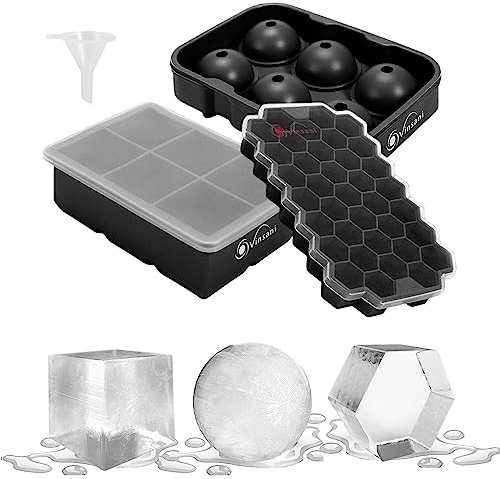 Vinsani 3 Pack Ice Tray With Removable Lid - Easy-Release Silicone Flexible Ball Mould, Square Maker and Honeycomb Cube - LFGB Certified, BPA Free, Stackable, Durable - Black