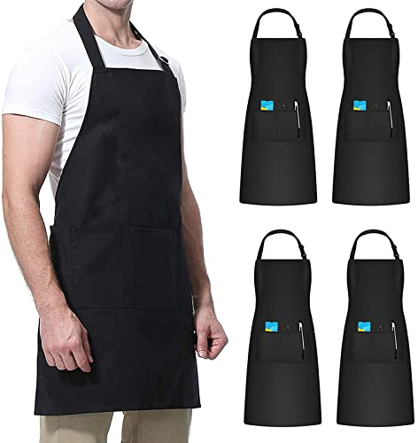 4 Stück Schwarze Kochschürze, Unisex Arbeitsschürze, Wasserdichte Verstellbare Schürze mit Taschen, Personalisierte Schürze für Catering, Kochen, Gartenarbeit, Reinigung, Geschirrspülen, Malen