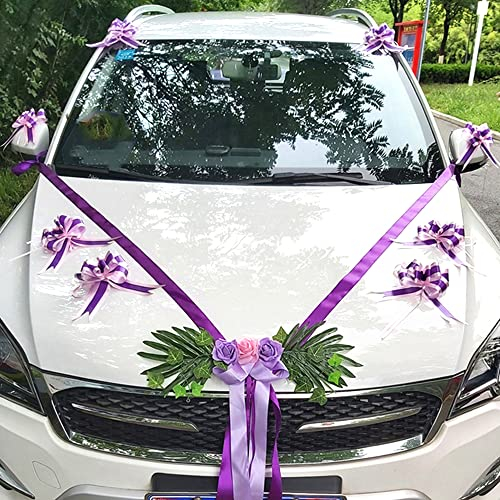 Satinband Autoschmuck Set,Braut Paar Blumen Rose Deko Auto Bow Bogen Schleife Autoschleife Dekoschleife für Auto Dekor Hochzeit New Houses Party Feier Valentinstag Brautwagen Deko Girlande,Lila