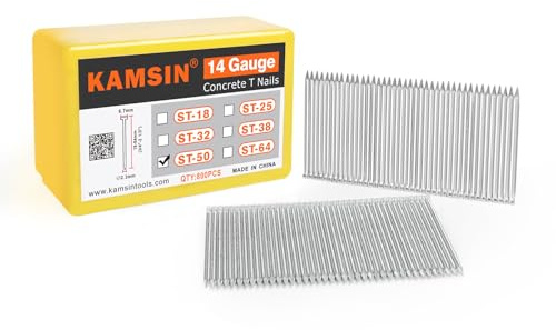KAMSIN ST50 14 Gauge Concrete T Nails, 2'' (50MM) Length Collated Concrete T Nails, Galvanzied, 800 PCS/Box, Fasteners for Pneumatic Concrete T Nailer, Air T Nail Gun