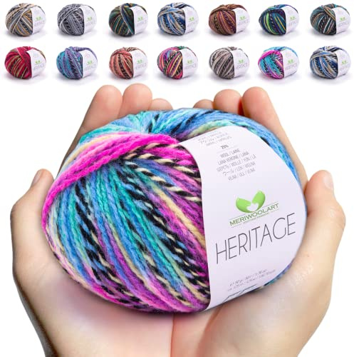 MeriWoolArt Merino Wolle zum Stricken und Häkeln – 125 m Mehrfarbige Dicke Weiche Merinowolle garn für Pullover Jacken – DIY Acryl Strickgarn für Schals, Halstücher, Socken und Wintergeschenke