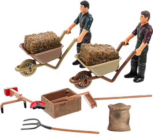Toyvian Miniatur Bauernhof Zubehör, 12Stücke Bauernhof Menschen Figuren Schubkarre Set Mini Gartenwerkzeug Spielzeug Puppenhaus Karre Puppenstube Zubehör Modellbau Micro Landschaft Deko
