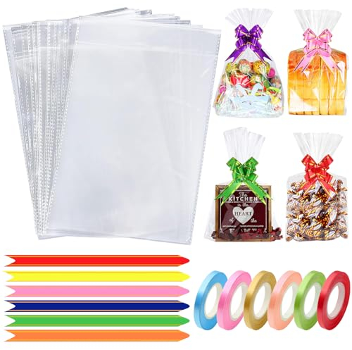 Nestling Cellophane Bags - Pack of 60 (6 x 10 Inches), Food Safe Cookie Bags With Colorful Pull Bows, Twist Ties for Gifts, Holidays