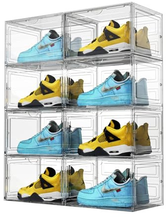 OMOPIN XL Shoe Storage Box,8 Pack Drop Side Shoe Boxes Clear Plastic Stackable,Sneaker Display Case with Magnetic Door Fit up to US 13（13.4”x 10.6”x 8.3”(8 Pack Clear)