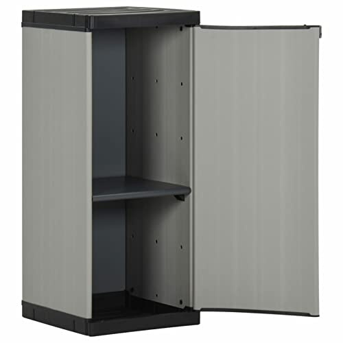 Homgoday Garten-Lagerschrank mit 1 Boden Werkzeugschrank Gartenschrank Beistellschrank Haushaltsschrank Balkonschrank Terrassenschrank Wetterfest Grau und Schwarz 35x40x85 cm