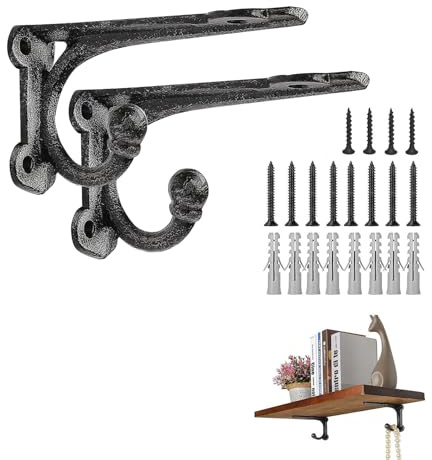 ChasBete Regalhalterung Schwarz, Gusseisen, 10 cm, 2 Stück | Regalträger mit Haken, vintage, schwerlast, Regal Winkel, Einfache Montage, für Küche, Schlafzimmer, Wohnzimmer