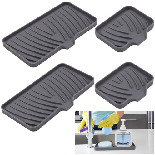 NINGYER 4 Stück Drainagematte Spüle, Grau Silikon Abtropfmatte Spüle, Seifenschale Silikon mit Ablauf, Für Badezimmer Küche Arbeitsplatte (9 x 12cm/13 x 25cm)