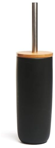 AAMEN Toilet Brush & Holder With Bamboo Lid, Plastic & Toilet Cleaner, Toiletbrush Bathroom Accessories, Bamboo Lid Toilet Brushs & Ceramic Holder, Bathroom Cleaning Brushs (Black)