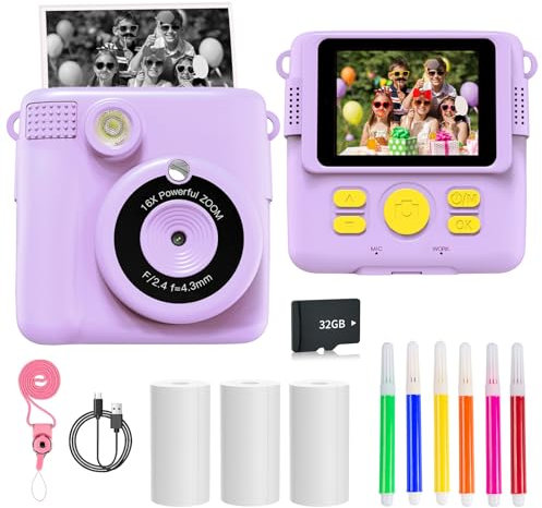 Purple Kids Instant Print Camera Toy, 1080P HD Digital Camera with Photo Paper, 6 Colour Pens, 32GB SD Card - Birthday Gifts for Girls & Boys Aged 3 to 12+