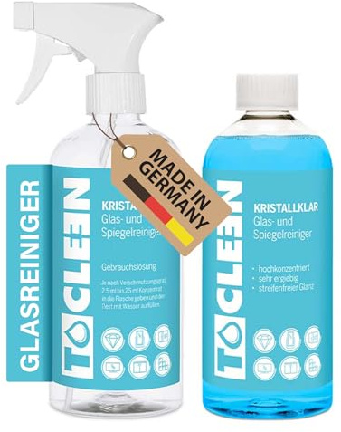 TOCLEEN® 500ml Kristallklar Glas- & Spiegelreiniger + Mischflasche - Fensterreiniger Konzentrat für brillant glänzende und schmutzabweisende Oberflächen