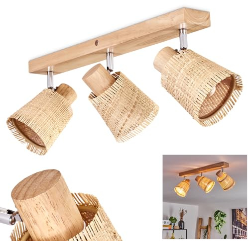 HOFSTEIN Lindeberg Ceiling Light, Modern Ceiling lamp Made of Wood/Bast in Natural Colours/Chrome, 3-Flame lamp in Scandinavian Design with Adjustable spotlights, 3 x E14, Without Bulbs