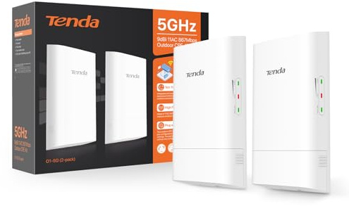 Tenda O1-5G Outdoor CPE Pre-Configured 2-Pack, Wireless Bridges, 5.8GHz, 867Mbps, Point-to-Point Wi-Fi, 1KM Long Range, IP65 Waterproof Enclosure, Plug & Play Ready