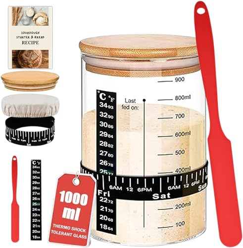 SoLuna.® Sourdough Starter Jar Kit 1 Litre/1000ml [Premium Glass] - Large Borosilicate Sourdough Starter Jar, Date Feeding Band/Thermometer/Spatula/Cloth Cover/Lid - Bread Making Accessories (Red)