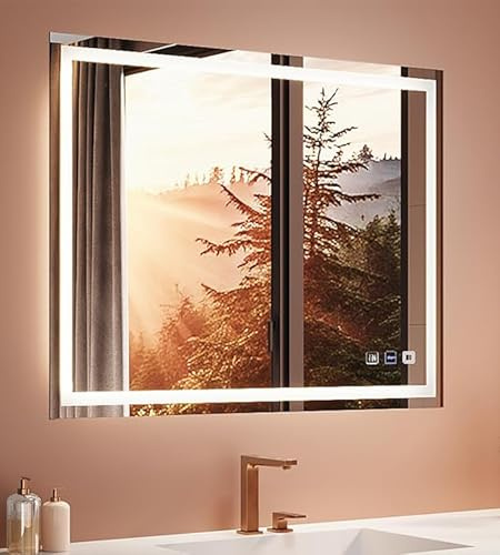 LOMIKEN Spiegel mit Beleuchtung, 50x70cm, Wandspiegel wandmontierter, Badspiegel mit Beleuchtung, Dreifarbenlicht, beschlagsfrei, Aluminiumrahmen