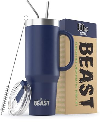 Beast Tumbler with Handle - 1500 ml (50 oz), Royal Blue | Reusable Stainless Steel, Vacuum Insulated Cup | with + 2 Straws & Cleaning Brush | Double Wall Travel Flask Perfect for Hot or Iced Coffee