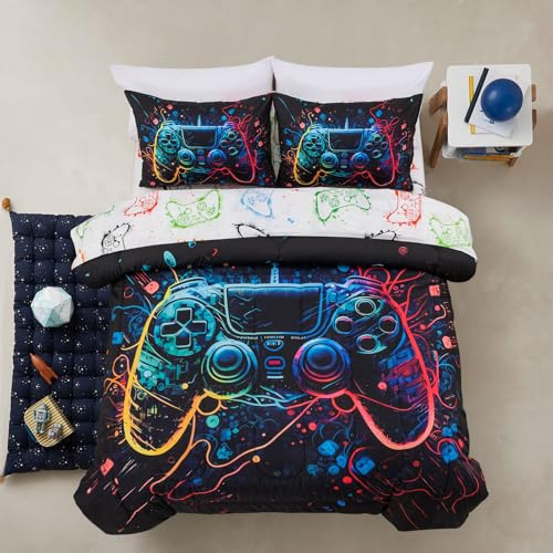 A Nice Night Boys Twin Size 5-Piece Game Console Comforter Set, for Kids Teen 3D Colorful Background Space Universe Gamepad Gaming Printed Matching Sheet Sets