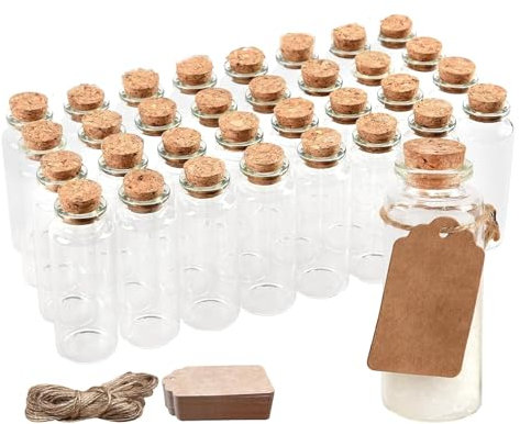 Lunpog Reagenzglas mit Korken 30 x 80mm,40ML, Mini Glasflaschen mit Korken, Kleine Glasflaschen mit Korken und Kraftpapier Hanfseil, für Hochzeit Party Zubehör Dekorationen Geschenke（32 Stück）