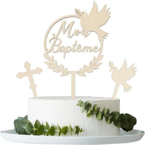 3PCS Cake Topper Baptême Décoration de Gâteau Topper en Bois, Decoration Gateau Bapteme Cupcake Toppers, Bapteme Accessoire de Deco pour Baby Shower, Communion, Confirmation et Anniversaires