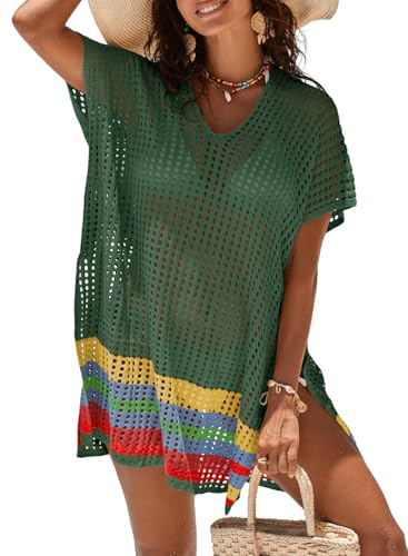 Dokotoo Beach Coverups for Women Oversized Women's Swim Cover-Ups Loose Womens Beachwear Crochet Swimsuit Cover Ups Striped Side Split Bathing Suit Dresses Ladies Swimwear Bikini Cover Up Green 2XL