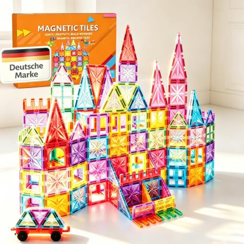 JOOZLEWELT 100 Teile Magnetbausteine | Farbiges Lichtspiel Magnetspielzeug | STEM Konstruktionsspielzeug & Montessori Deko – Geschenk für Kinder ab 3 Jahren
