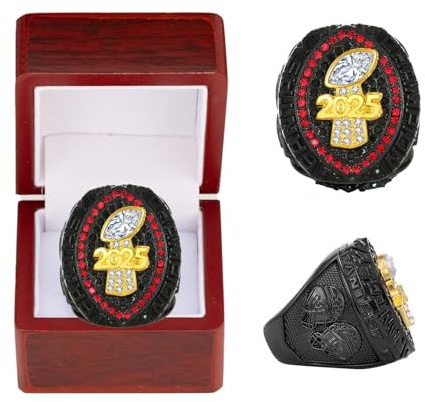 HYKJSHED Fantasy-Football-Ring 2025, Schwarz-Blau-Rot-Meisterschaftsring, FFL-Meisterschaftstrophäe, Geschenkbox, Ring-Display-Box