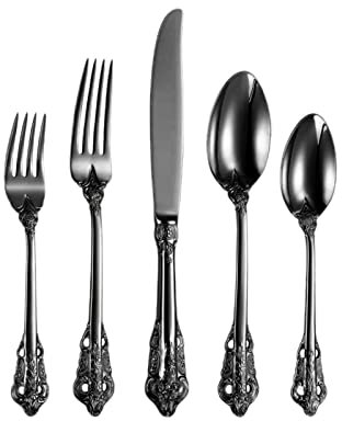 BOSHYUM 25-teiliges, wunderschönes Silberbesteck-Set für 5 Personen, Edelstahl 18-10, antik vergoldet, Besteckset im Barock-Stil für die Hochzeit