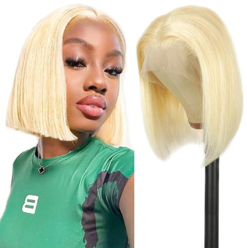 WIGZEN Echthaar Blonder, Glatter Bob, 180 Dichte, 30,5 cm, 33 x 10,2 cm, HD, Frontal, Lace-Front, Klebstofffrei, Bob-Perücke, Damen, 613, 30 cm (12 Zoll), 4 x 12 x 2 inches