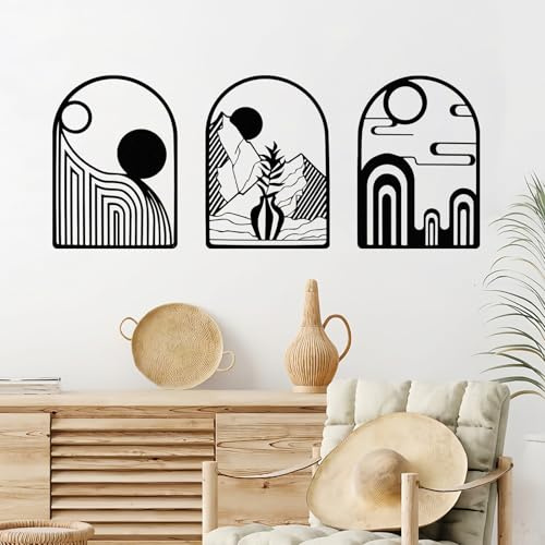 RETON 3 piezas de decoración de pared de metal negro, colgantes minimalistas bohemios, modernas esculturas abstractas de línea de hierro para dormitorio, baño, sala de estar