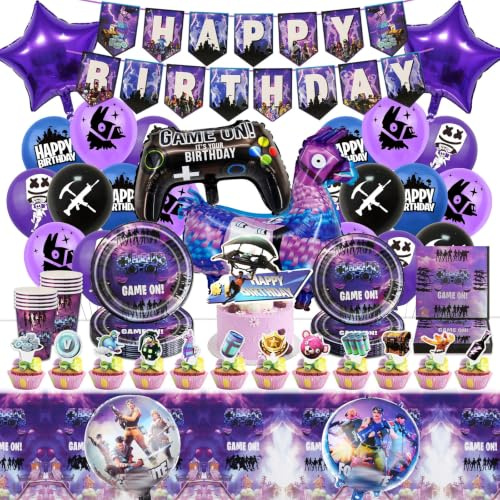 91PCS Video Game Birthday Decorations, Game Party Tableware Set, Video Game Party Supplies Happy Birthday Banner Plates Cups Napkins Tablecloth Foil Balloons Cake Toppers for Kids Gamers Lovers