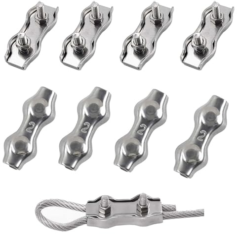 huruirui M2 Drahtseilklemme Edelstahl 304 Seilklemmen Duplex Stahlseil Klemme Seilverbinder für Stahlseil Stahlkabel Stahldraht Fixiert Passend für Ø 2 mm Draht 8pcs