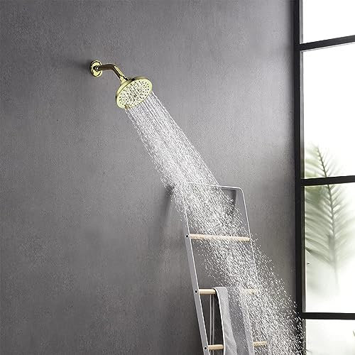 Système de douche haute pression doré – Pomme de douche à effet pluie de 12,7 cm avec 6 réglages de pulvérisation – Buses anti-encrassement réglables – Installation facile à faible débit – Expérience